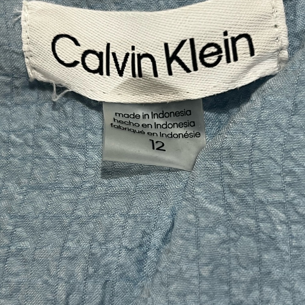 Calvin Klein Crepe V Neck Dress Sky Blue Puffy Sleeves High Waist Size 12 - Picture 5 of 7
